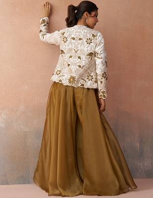 Golden mustard tissue floral embroidered crop top with jacket & palazzo set 1