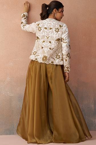 Golden mustard tissue floral embroidered crop top with jacket & palazzo set