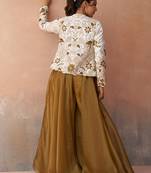 Golden mustard tissue floral embroidered crop top with jacket & palazzo set