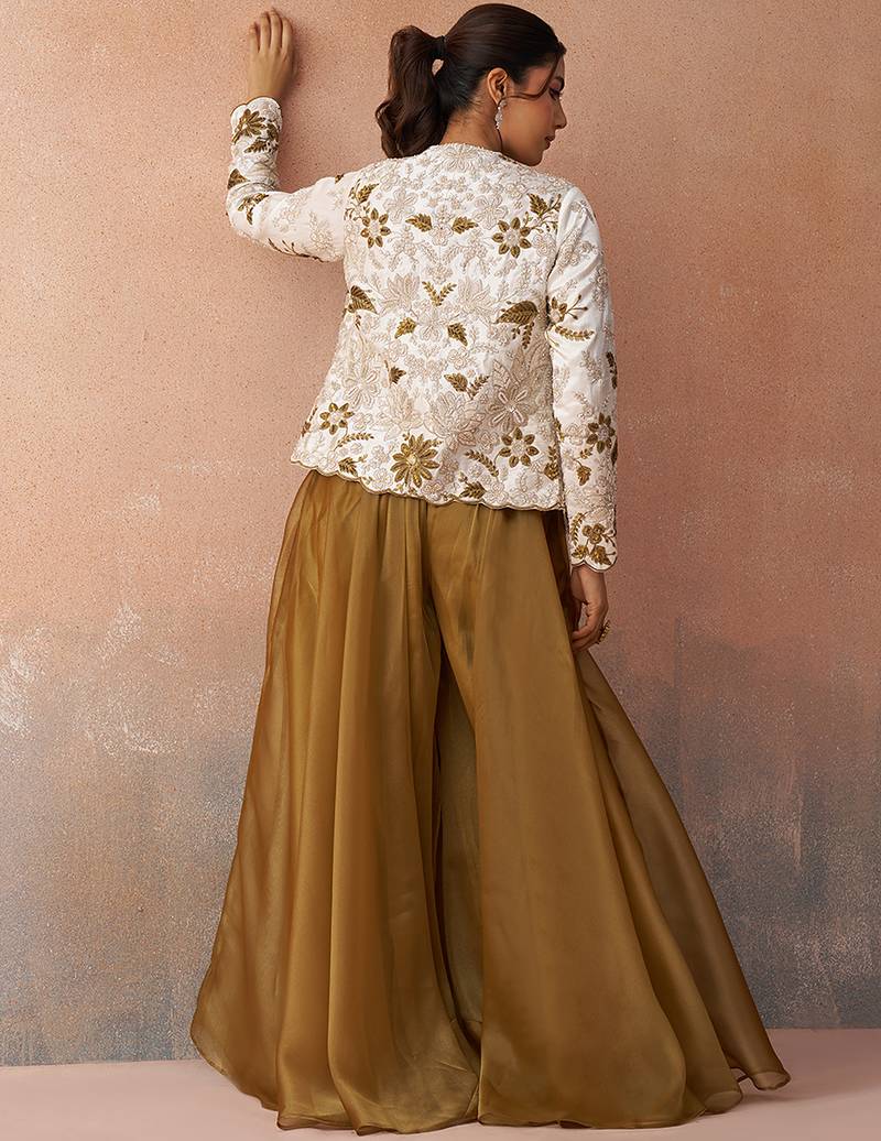 Golden mustard tissue floral embroidered crop top with jacket & palazzo set