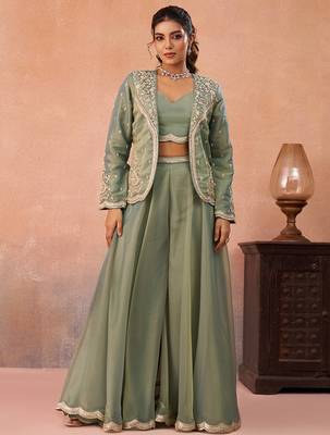 Sage green tissue floral embroidered crop top with jacket & flared palazzo set 3