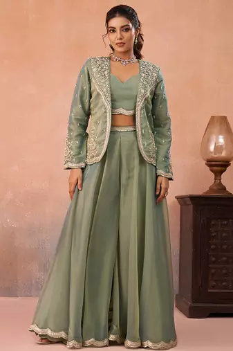 Sage green tissue floral embroidered crop top with jacket & flared palazzo set