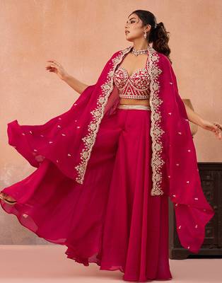 Pink organza beads embroidered crop top with flared cape & flared palazzo set 4