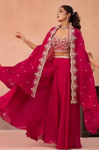 Pink organza beads embroidered crop top with flared cape & flared palazzo set