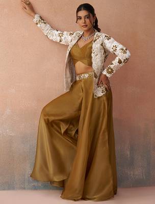 Golden mustard tissue floral embroidered crop top with jacket & palazzo set 2