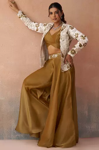 Golden mustard tissue floral embroidered crop top with jacket & palazzo set