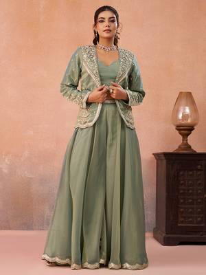 Sage green tissue floral embroidered crop top with jacket & flared palazzo set 4