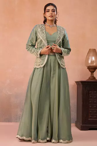 Sage green tissue floral embroidered crop top with jacket & flared palazzo set