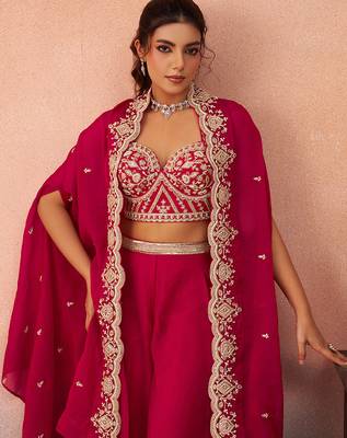 Pink organza beads embroidered crop top with flared cape & flared palazzo set 5