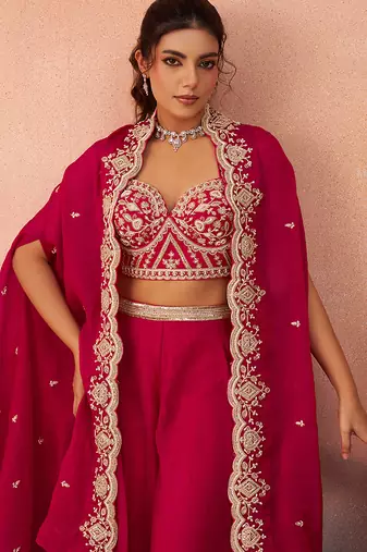 Pink organza beads embroidered crop top with flared cape & flared palazzo set