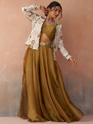 Golden mustard tissue floral embroidered crop top with jacket & palazzo set 3