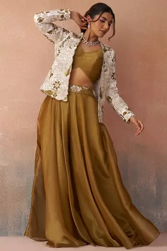 Golden mustard tissue floral embroidered crop top with jacket & palazzo set