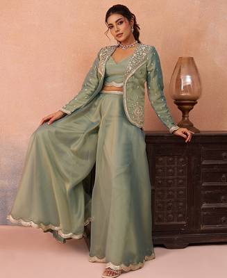 Sage green tissue floral embroidered crop top with jacket & flared palazzo set 5