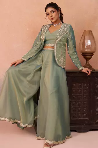 Sage green tissue floral embroidered crop top with jacket & flared palazzo set