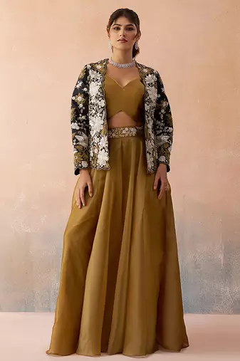 Golden mustard tissue floral embroidered crop top with jacket & palazzo set