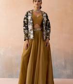Golden mustard tissue floral embroidered crop top with jacket & palazzo set