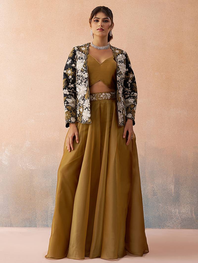 Golden mustard tissue floral embroidered crop top with jacket & palazzo set