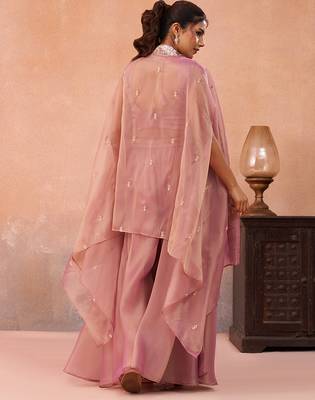 Pink tissue beads embroidered crop top with flared cape & flared palazzo set 1