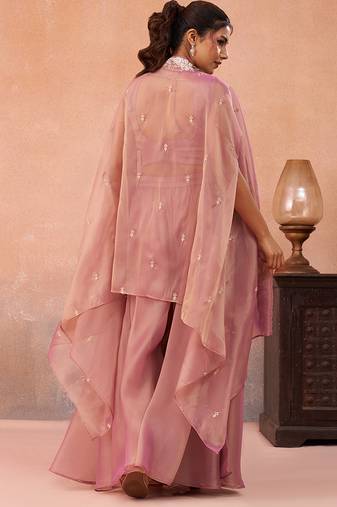 Pink tissue beads embroidered crop top with flared cape & flared palazzo set