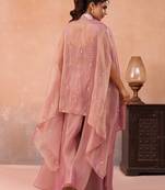 Pink tissue beads embroidered crop top with flared cape & flared palazzo set