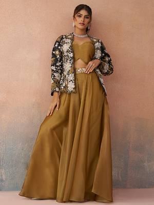 Golden mustard tissue floral embroidered crop top with jacket & palazzo set 2