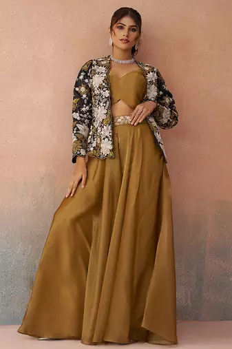 Golden mustard tissue floral embroidered crop top with jacket & palazzo set
