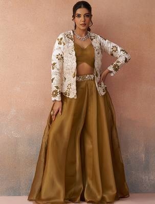 Golden mustard tissue floral embroidered crop top with jacket & palazzo set 4