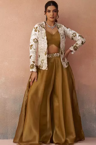 Golden mustard tissue floral embroidered crop top with jacket & palazzo set