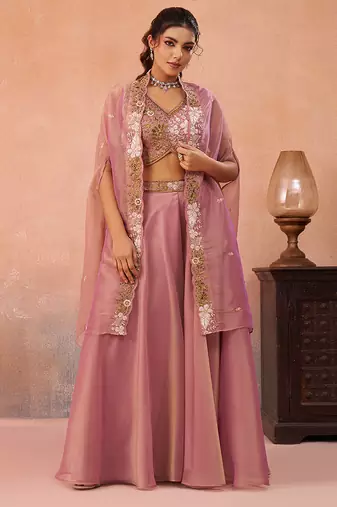 Pink tissue beads embroidered crop top with flared cape & flared palazzo set
