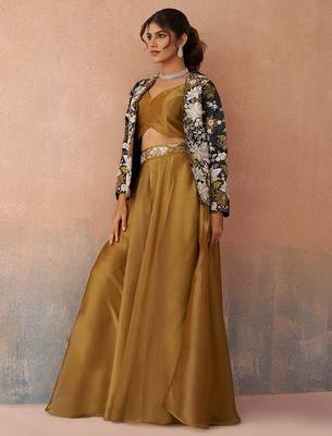 Golden mustard tissue floral embroidered crop top with jacket & palazzo set 3
