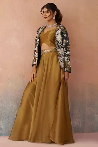 Golden mustard tissue floral embroidered crop top with jacket & palazzo set