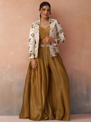 Golden mustard tissue floral embroidered crop top with jacket & palazzo set 5