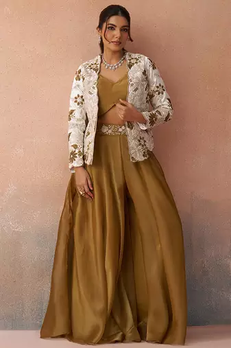 Golden mustard tissue floral embroidered crop top with jacket & palazzo set