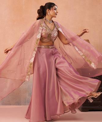 Pink tissue beads embroidered crop top with flared cape & flared palazzo set 3