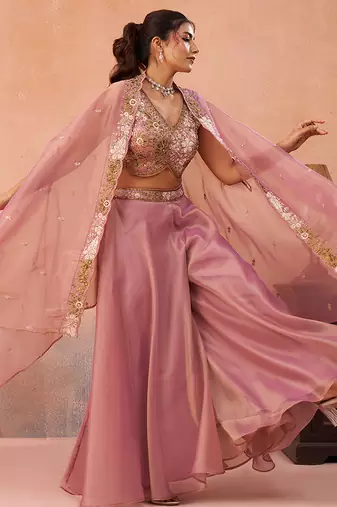 Pink tissue beads embroidered crop top with flared cape & flared palazzo set