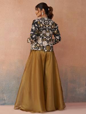 Golden mustard tissue floral embroidered crop top with jacket & palazzo set 4