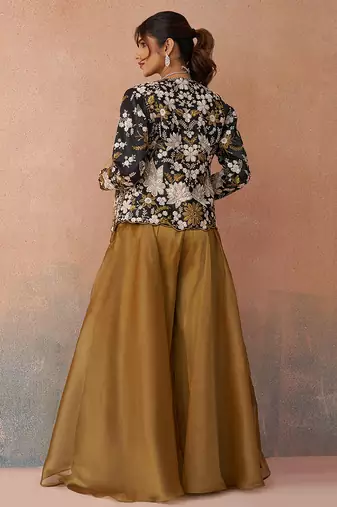 Golden mustard tissue floral embroidered crop top with jacket & palazzo set