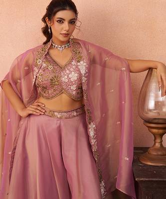 Pink tissue beads embroidered crop top with flared cape & flared palazzo set 4