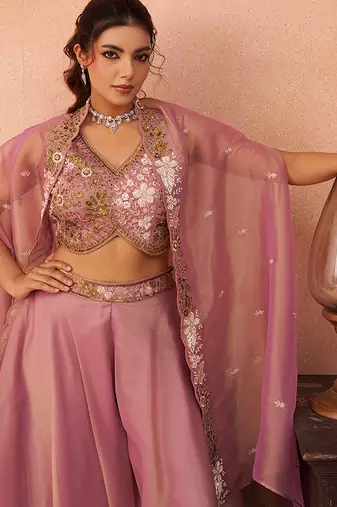 Pink tissue beads embroidered crop top with flared cape & flared palazzo set