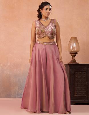 Pink tissue beads embroidered crop top with flared cape & flared palazzo set 5