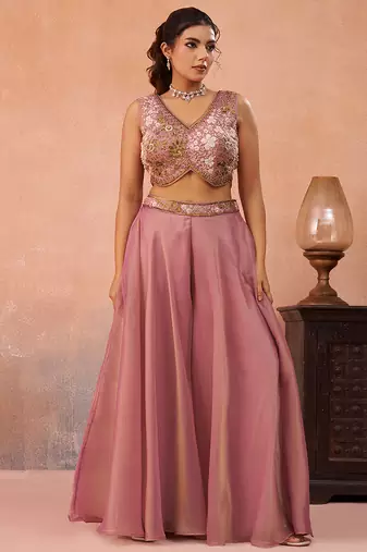Pink tissue beads embroidered crop top with flared cape & flared palazzo set
