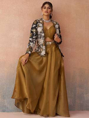 Golden mustard tissue floral embroidered crop top with jacket & palazzo set 5