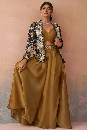 Golden mustard tissue floral embroidered crop top with jacket & palazzo set