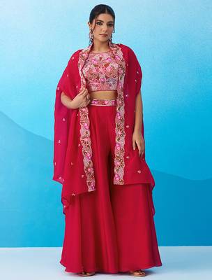 Pink crepe beads embroidered crop top with flared cape & flared palazzo set 1