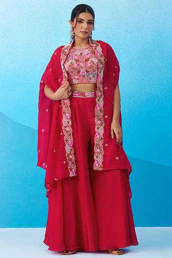 Pink crepe beads embroidered crop top with flared cape & flared palazzo set