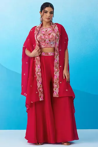 Pink crepe beads embroidered crop top with flared cape & flared palazzo set
