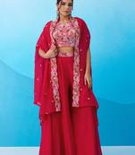 Pink crepe beads embroidered crop top with flared cape & flared palazzo set