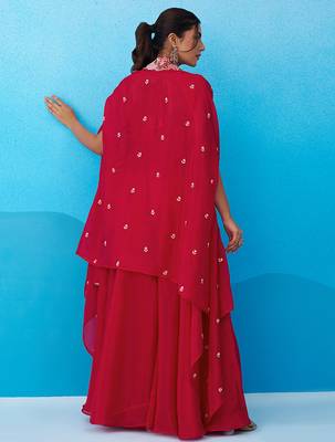 Pink crepe beads embroidered crop top with flared cape & flared palazzo set 2