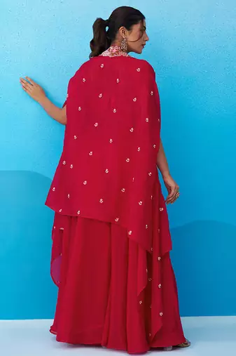 Pink crepe beads embroidered crop top with flared cape & flared palazzo set