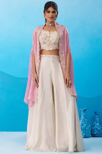 Cream viscoce beads embroidered crop top with flared cape & palazzo set